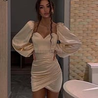Satin Tulip Hem Mini Dress Lantern Sleeve Ruched Bodycon Dress SATIN TULIP HEM MINI DRESSES color: apricot