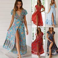 Deep Plunge Maxi Dress with front Split Floral Print Long Maxi Dress DEEP PLUNGE MAXI DRESSES WITH FRONT SPLIT color: Beige|Blue|Green|Red|Sky blue|Wine red
