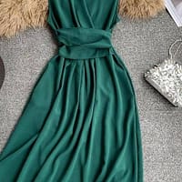Fit And Flare Sleeveless Cross Drawstring Dress For Work DRESSES FOR WORK color: Black|Burgundy|Green|Khaki|Light blue|Pink|Yellow