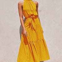 Daytime Summer Long Polka Dot Dress DAYTIME DRESSES color: Beige|Black|Brown|dark blue|Dark Red|Green|Red|Red 100 Polyester|Royal Blue|Yellow|Yellow 100 Polyester