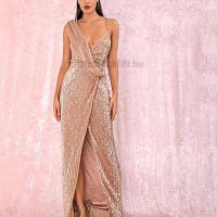 Deep Plunge Maxi Dress With Front Side Split Gold Sequins Party Dress DEEP PLUNGE MAXI DRESSES WITH FRONT SPLIT color: ROSE GOLD