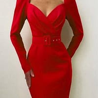 Elegant Party Women Dress Slim V Neck Long Sleeve Mid Calf Pencil Dress Office Red Puff Sleeve BUCKLE DRESSES color: Black|Red|White