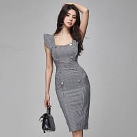 Elegant Slim Formal Office Lady Work Dress Plaid Gray Ruffle Square-Collar Sleeveless Bodycon Slit Party Club Dress Summer DRESSES FOR WORK color: Gray