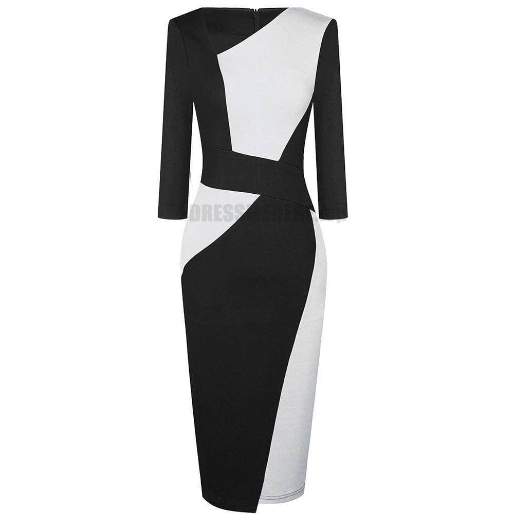 Patchwork Cotton Sheath Dress for Work DRESSES FOR WORK color: Apricot and black|apricot Lake blue|Blue and black|Blue long sleeve|Gray and Black|Red long sleeve|White and black|White and gray|White Houndstooth|White long sleeve
