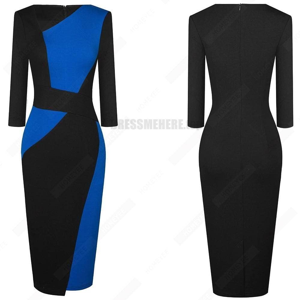 Patchwork Cotton Sheath Dress for Work DRESSES FOR WORK color: Apricot and black|apricot Lake blue|Blue and black|Blue long sleeve|Gray and Black|Red long sleeve|White and black|White and gray|White Houndstooth|White long sleeve