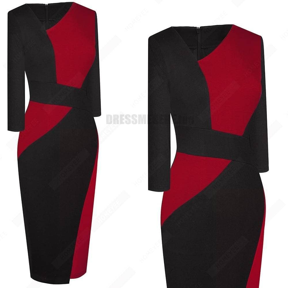 Patchwork Cotton Sheath Dress for Work DRESSES FOR WORK color: Apricot and black|apricot Lake blue|Blue and black|Blue long sleeve|Gray and Black|Red long sleeve|White and black|White and gray|White Houndstooth|White long sleeve