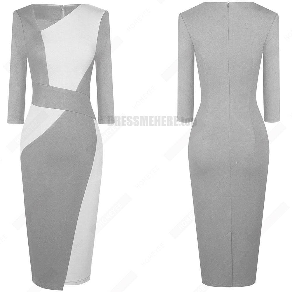 Patchwork Cotton Sheath Dress for Work DRESSES FOR WORK color: Apricot and black|apricot Lake blue|Blue and black|Blue long sleeve|Gray and Black|Red long sleeve|White and black|White and gray|White Houndstooth|White long sleeve