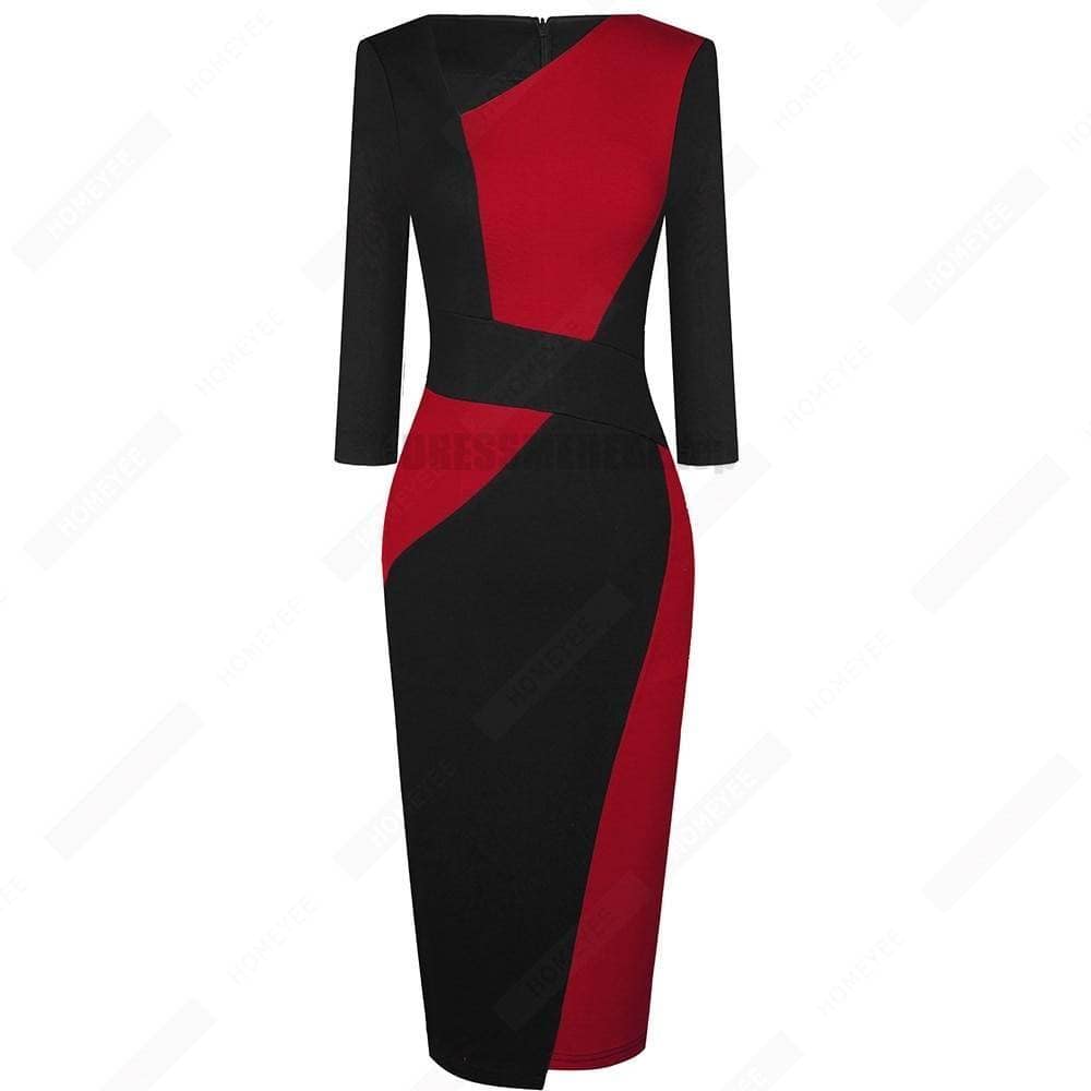 Patchwork Cotton Sheath Dress for Work DRESSES FOR WORK color: Apricot and black|apricot Lake blue|Blue and black|Blue long sleeve|Gray and Black|Red long sleeve|White and black|White and gray|White Houndstooth|White long sleeve