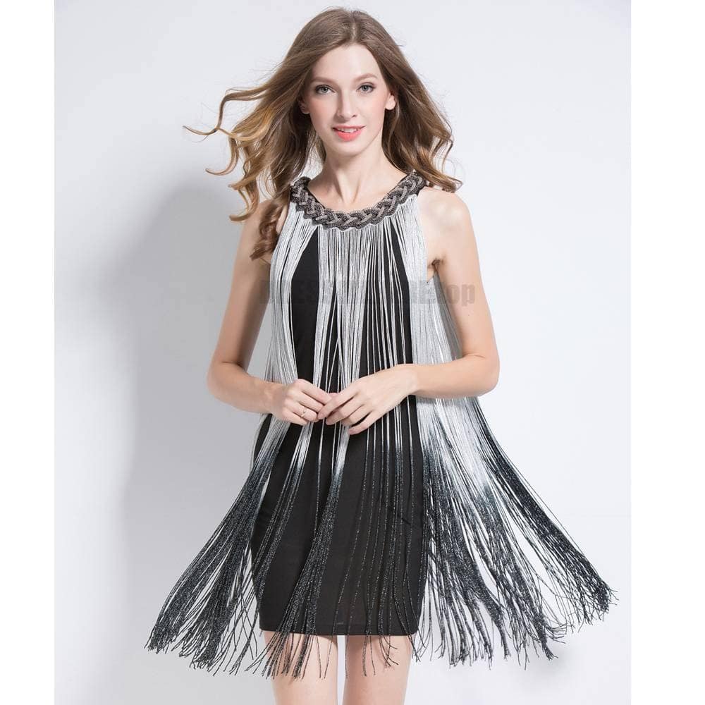 Flapper Metal Chain Halter Fringe Dress FLAPPER DRESSES color: beige with black|blue with black|fushia with black|pure black|pure blue|pure red|pure white|red with black|silver with black|white with black