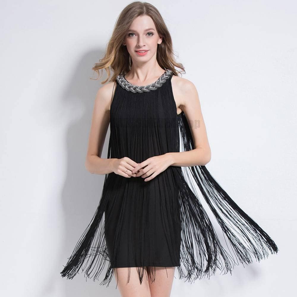 Flapper Metal Chain Halter Fringe Dress FLAPPER DRESSES color: beige with black|blue with black|fushia with black|pure black|pure blue|pure red|pure white|red with black|silver with black|white with black