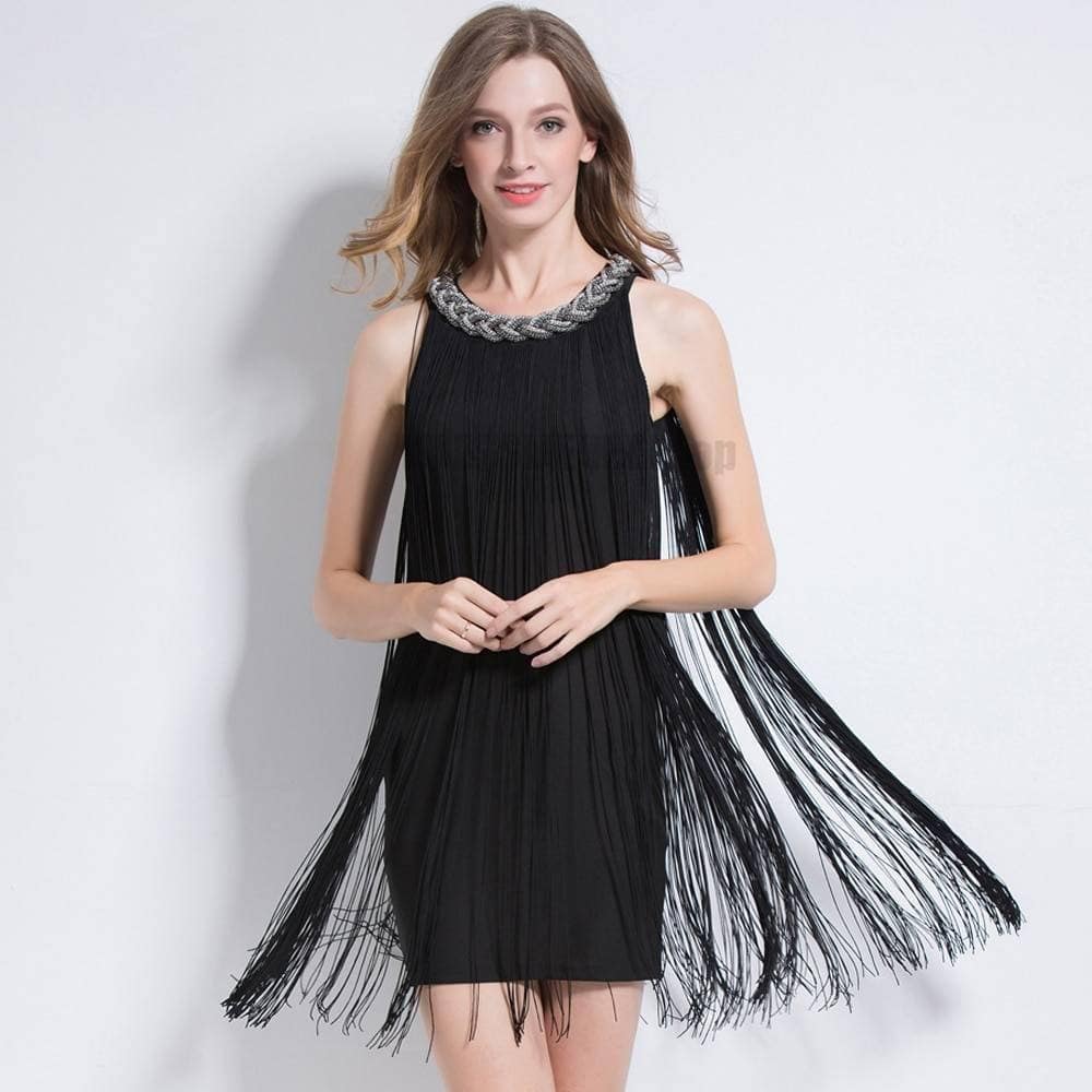 Flapper Metal Chain Halter Fringe Dress FLAPPER DRESSES color: beige with black|blue with black|fushia with black|pure black|pure blue|pure red|pure white|red with black|silver with black|white with black