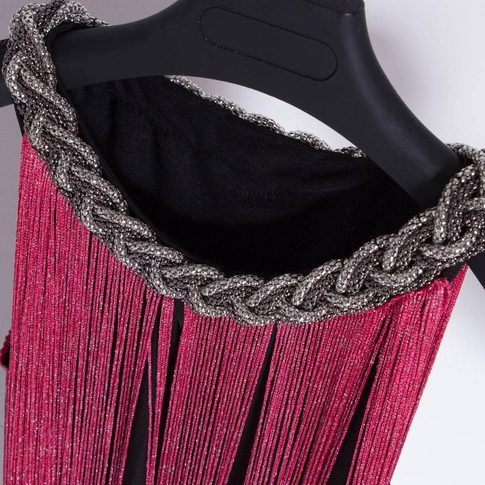 Flapper Metal Chain Halter Fringe Dress FLAPPER DRESSES color: beige with black|blue with black|fushia with black|pure black|pure blue|pure red|pure white|red with black|silver with black|white with black