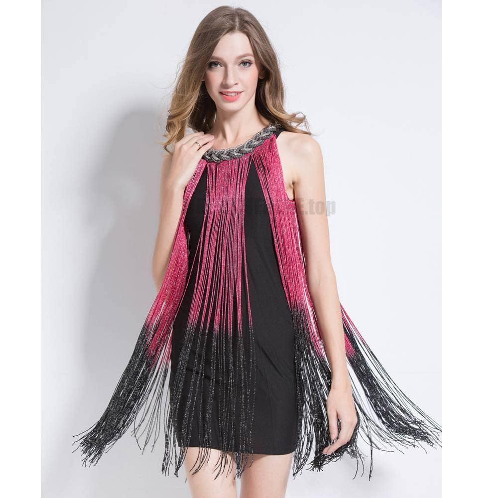 Flapper Metal Chain Halter Fringe Dress FLAPPER DRESSES color: beige with black|blue with black|fushia with black|pure black|pure blue|pure red|pure white|red with black|silver with black|white with black