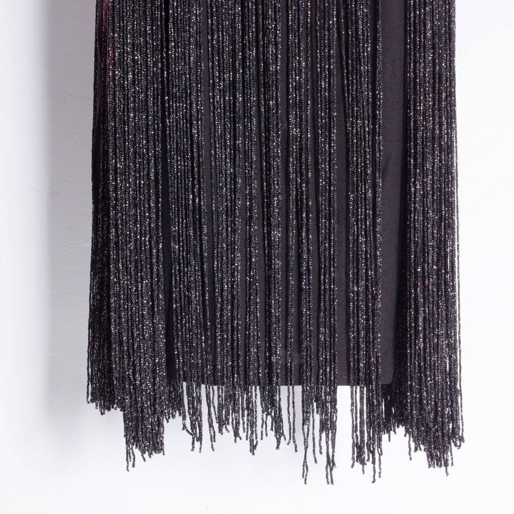 Flapper Metal Chain Halter Fringe Dress FLAPPER DRESSES color: beige with black|blue with black|fushia with black|pure black|pure blue|pure red|pure white|red with black|silver with black|white with black