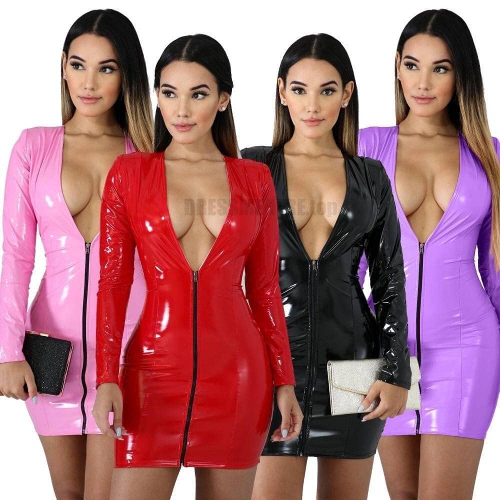 JRRY Women PU Leather Dresses Long Sleeve Zippers High Elasticity Sheath Clothing Deep V Neck Short Outdoor Wear LONG SLEEVE ZIP UP DRESSES color: Black|Pink|Purple|Red