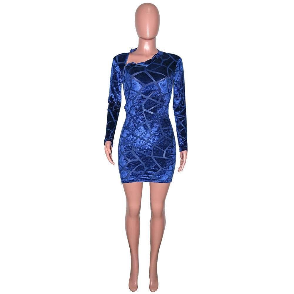 Beyprern New Chic Zipped Mini Dress(Royal Blue) Womens Long Sleeve Side Slit Skinny Velvet Short Party Dress Birthday Outfits LONG SLEEVE ZIP UP DRESSES color: Black|Blue|Pink