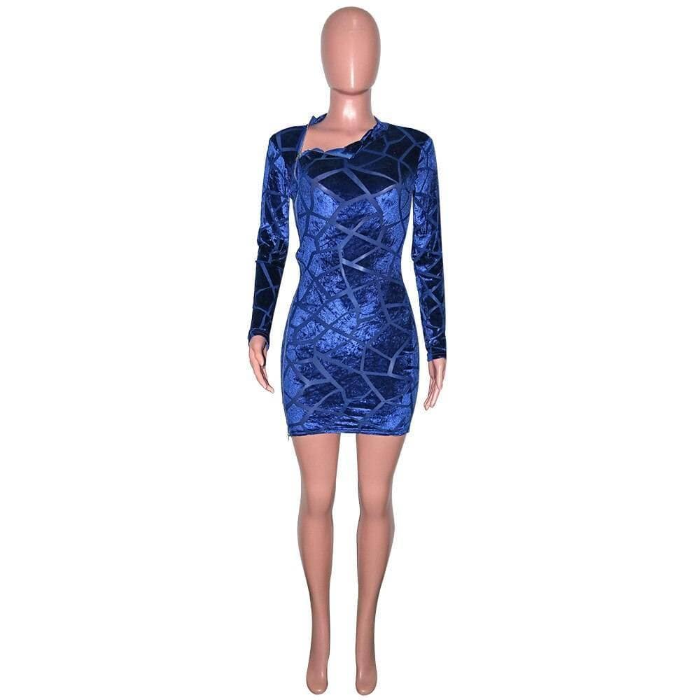 Beyprern New Chic Zipped Mini Dress(Royal Blue) Womens Long Sleeve Side Slit Skinny Velvet Short Party Dress Birthday Outfits LONG SLEEVE ZIP UP DRESSES color: Black|Blue|Pink