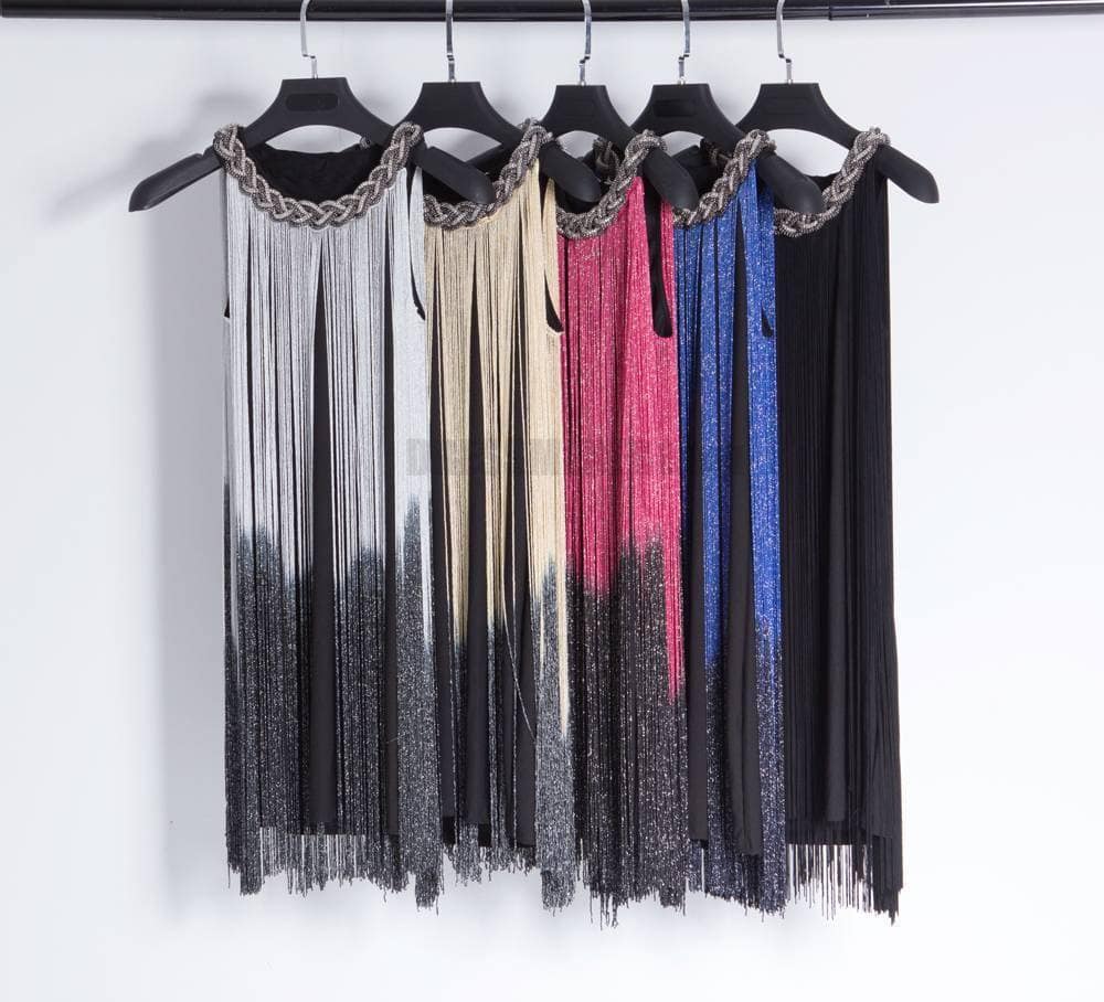 Flapper Metal Chain Halter Fringe Dress FLAPPER DRESSES color: beige with black|blue with black|fushia with black|pure black|pure blue|pure red|pure white|red with black|silver with black|white with black