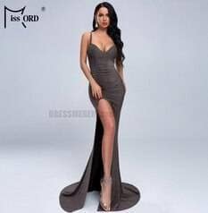 Deep Plunge Maxi Dresses With Front Side Split Formal Stretch Dress DEEP PLUNGE MAXI DRESSES WITH FRONT SPLIT Color: Black Size: S