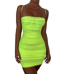 Neon Zip Up Summer Sleeveless Bodycon Mesh Mini Dress NEON COLOR DRESSES color: Black|Coral Red|fluorescent green|Green|Orange|Pink|Purple|Red|White