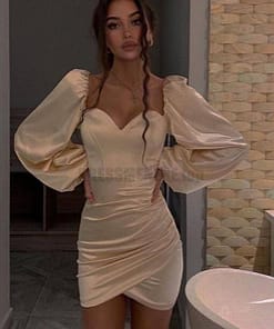 Satin Tulip Hem Mini Dress Lantern Sleeve Ruched Bodycon Dress SATIN TULIP HEM MINI DRESSES color: apricot