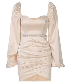 Satin Tulip Hem Mini Lantern Sleeve Ruched Bodycon Dress SATIN TULIP HEM MINI DRESSES Color: apricot Size: S