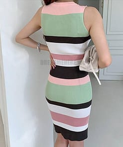 H Han Queen Elegant Occupation Sleeveless Knitted Dress Women Summer Stretch Striped Bodycon Dresses Wear To Work Pencil Vestido Uncategorized color: Blue|Green