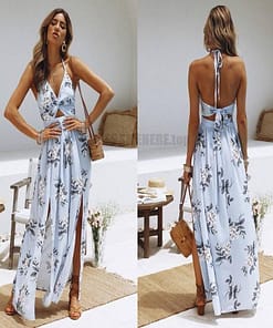Deep Plunge Maxi Dress Summer Boho Floral Halterneck Dress DEEP PLUNGE MAXI DRESSES WITH FRONT SPLIT color: Blue|Navy|Pink