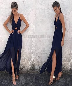 Deep Plunge Maxi Dress Summer Boho Floral Halterneck Dress DEEP PLUNGE MAXI DRESSES WITH FRONT SPLIT color: Blue|Navy|Pink
