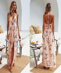 Deep Plunge Maxi Dress Summer Boho Floral Halterneck Dress DEEP PLUNGE MAXI DRESSES WITH FRONT SPLIT color: Blue|Navy|Pink