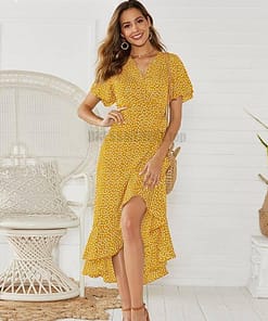 Deep Plunge Maxi Dresses With Front Split Floral Print Ruffles Dress DEEP PLUNGE MAXI DRESSES WITH FRONT SPLIT color: Black|Green|Orange|Red|White