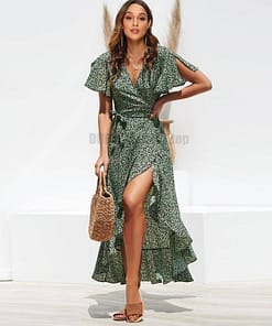 Deep Plunge Maxi Dresses With Front Split Floral Print Ruffles Dress DEEP PLUNGE MAXI DRESSES WITH FRONT SPLIT color: Black|Green|Orange|Red|White
