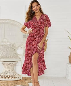 Deep Plunge Maxi Dresses With Front Split Floral Print Ruffles Dress DEEP PLUNGE MAXI DRESSES WITH FRONT SPLIT color: Black|Green|Orange|Red|White