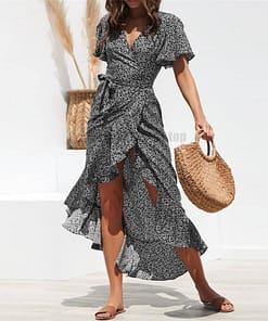 Deep Plunge Maxi Dresses With Front Split Floral Print Ruffles Dress DEEP PLUNGE MAXI DRESSES WITH FRONT SPLIT color: Black|Green|Orange|Red|White