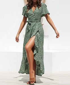 Deep Plunge Maxi Dresses With Front Split Floral Print Ruffles Dress DEEP PLUNGE MAXI DRESSES WITH FRONT SPLIT color: Black|Green|Orange|Red|White