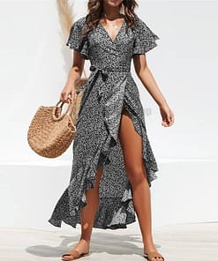 Deep Plunge Maxi Dresses With Front Split Floral Print Ruffles Dress DEEP PLUNGE MAXI DRESSES WITH FRONT SPLIT color: Black|Green|Orange|Red|White