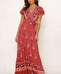Deep Plunge Maxi Dress with front Split Floral Print Long Maxi Dress DEEP PLUNGE MAXI DRESSES WITH FRONT SPLIT color: Beige|Blue|Green|Red|Sky blue|Wine red