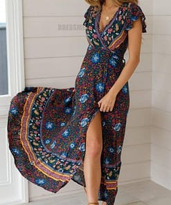 Deep Plunge Maxi Dress with front Split Floral Print Long Maxi Dress DEEP PLUNGE MAXI DRESSES WITH FRONT SPLIT color: Beige|Blue|Green|Red|Sky blue|Wine red
