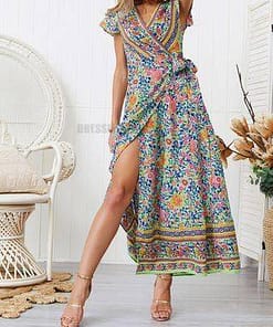 Deep Plunge Maxi Dress with front Split Floral Print Long Maxi Dress DEEP PLUNGE MAXI DRESSES WITH FRONT SPLIT color: Beige|Blue|Green|Red|Sky blue|Wine red