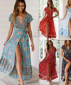 Deep Plunge Maxi Dress with front Split Floral Print Long Maxi Dress DEEP PLUNGE MAXI DRESSES WITH FRONT SPLIT color: Beige|Blue|Green|Red|Sky blue|Wine red