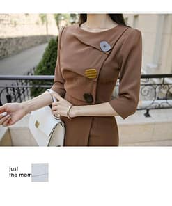 Irregular Hem Half Length Sleeve Midi Dress for Work With Zipper DRESSES FOR WORK color: Brown