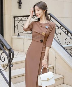 Irregular Hem Half Length Sleeve Midi Dress for Work With Zipper DRESSES FOR WORK color: Brown