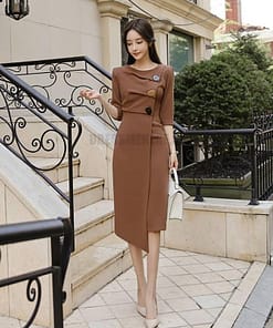 Irregular Hem Half Length Sleeve Midi Dress for Work With Zipper DRESSES FOR WORK color: Brown