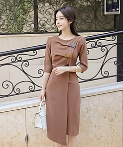 Irregular Hem Half Length Sleeve Midi Dress for Work With Zipper DRESSES FOR WORK color: Brown