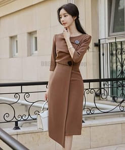 Irregular Hem Half Length Sleeve Midi Dress for Work With Zipper DRESSES FOR WORK color: Brown