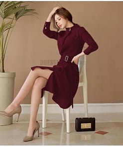 Dress For Work Button Belted Long Sleeved DRESSES FOR WORK color: Black|Burgundy