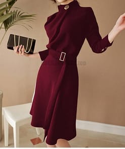 Dress For Work Button Belted Long Sleeved DRESSES FOR WORK color: Black|Burgundy