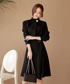 Dress For Work Button Belted Long Sleeved DRESSES FOR WORK color: Black|Burgundy