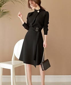 Dress For Work Button Belted Long Sleeved DRESSES FOR WORK color: Black|Burgundy