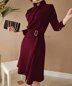 Dress For Work Button Belted Long Sleeved DRESSES FOR WORK Color: Burgundy Size: M